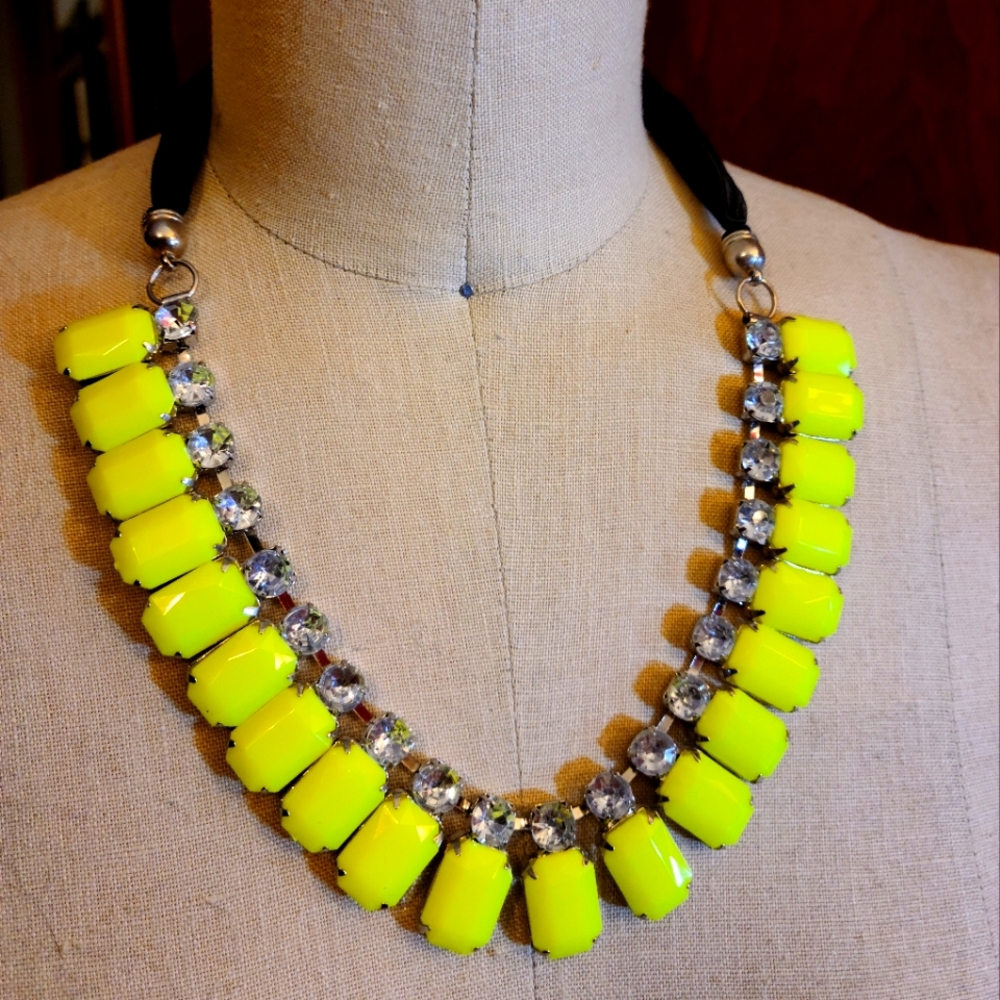 Neon Yellow Gem Necklace on Ribbon